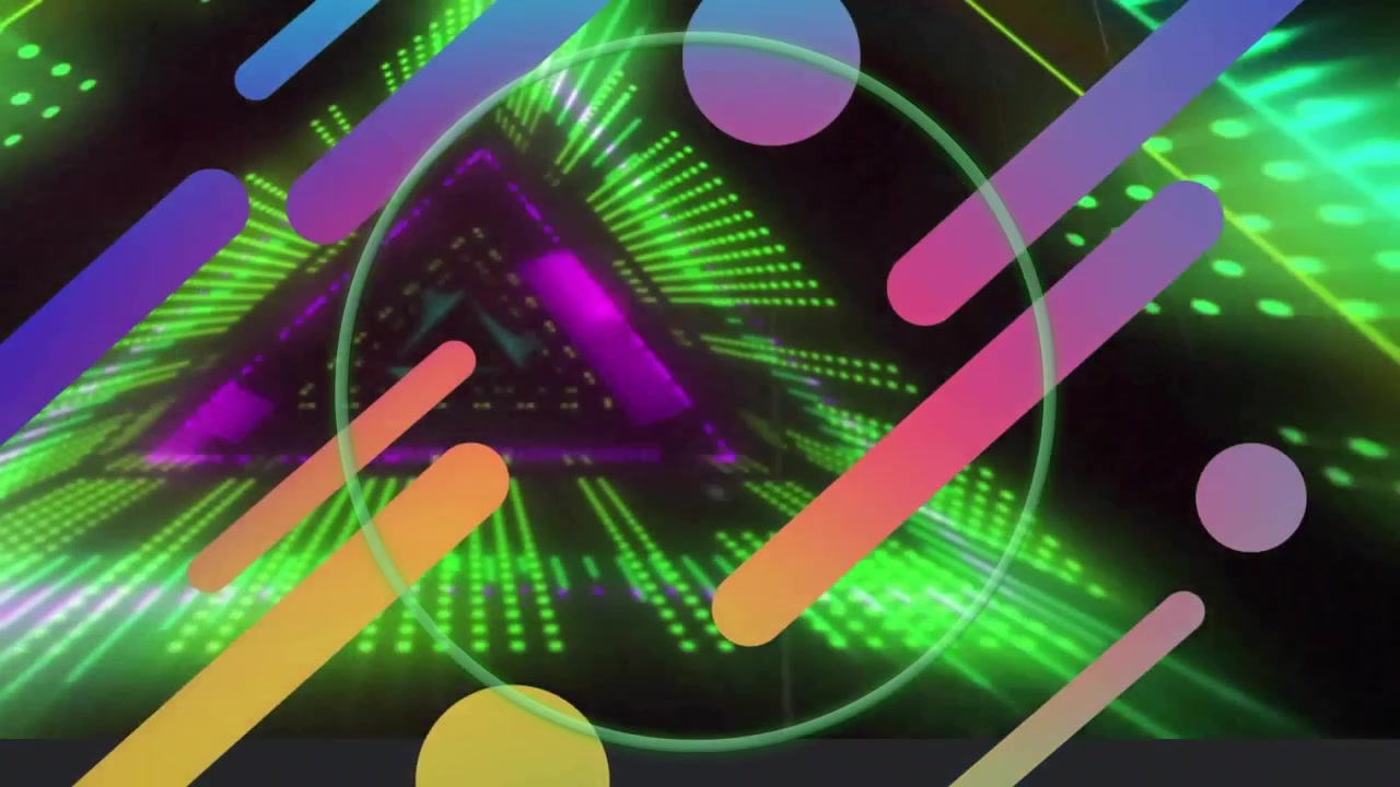 Animazione di uno scanner verde su forme astratte e un tunnel di luce triangolare verde e viola.