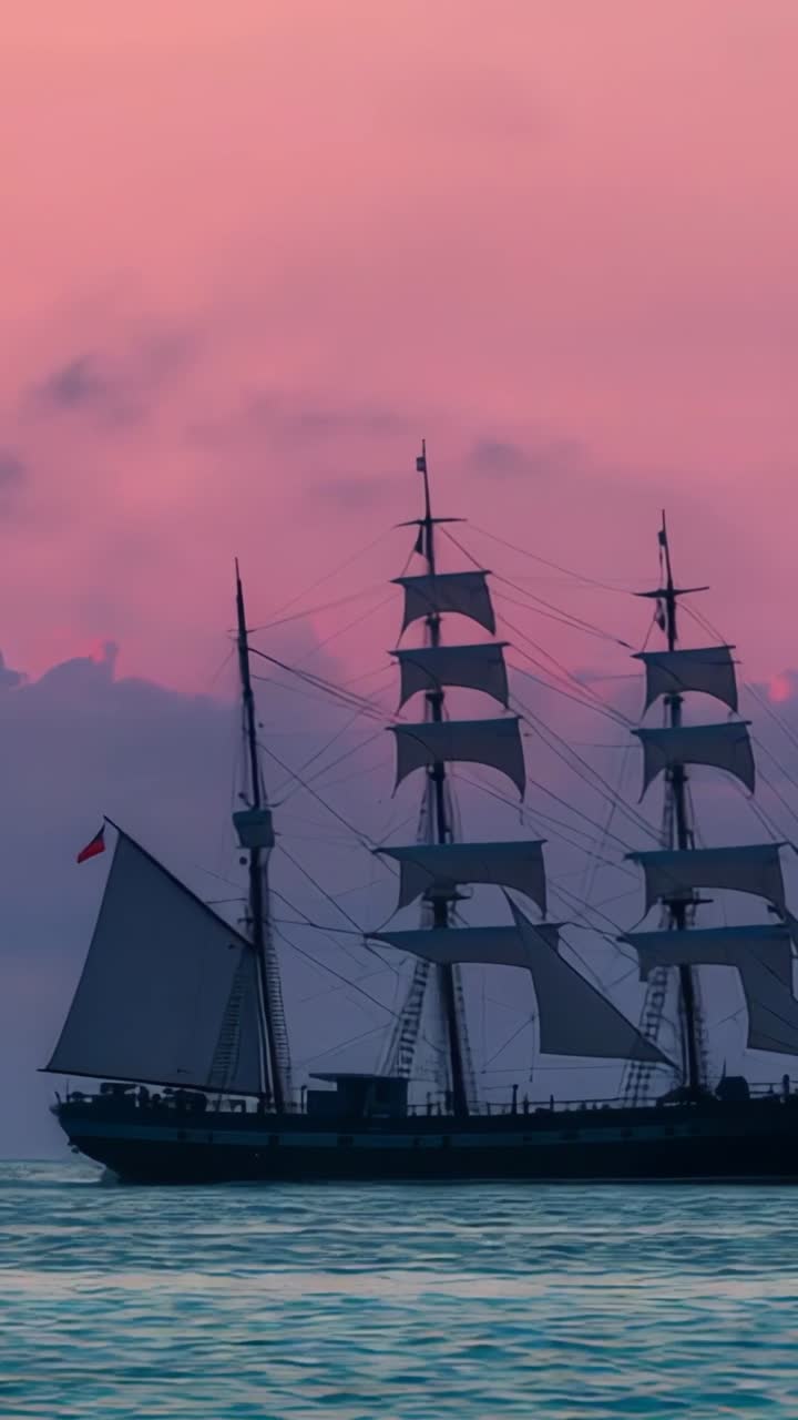 Vertical video: Catching wind, 3-masted ship drifting at sea at sunset, with square sails billowing
