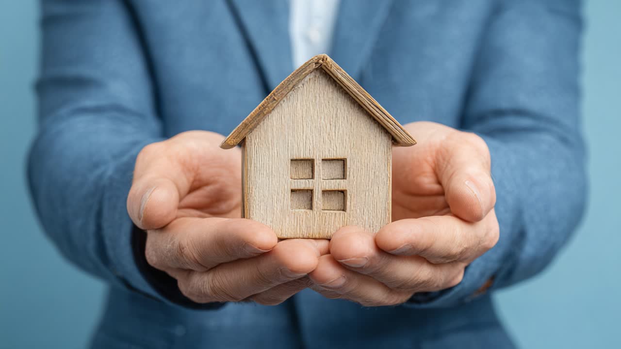 Una persona che tiene in mano un modello di legno di una casa, a simboleggiare la proprietà della casa, la sicurezza e l'investimento immobiliare di successo, con cura e attenzione
