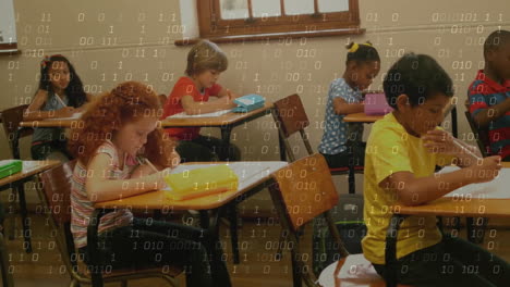 studying in classroom, children with binary code animation on screen