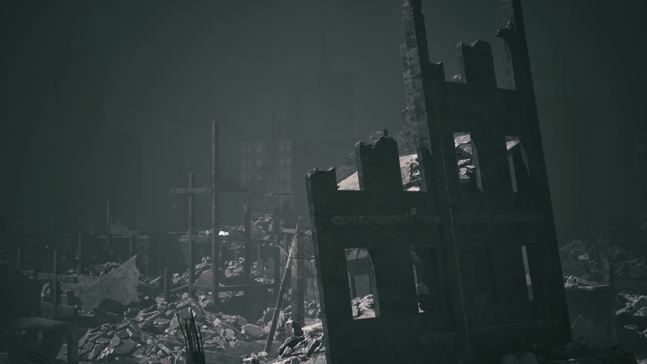 Destruction of buildings in an abandoned urban landscape at night