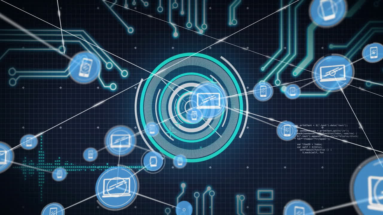Digital network connections and data processing animation with circuit patterns