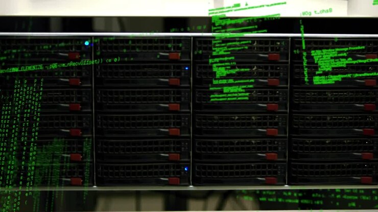 Animation of green data processing with glowing lights