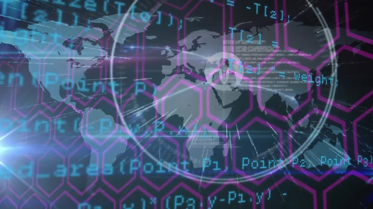 animación del procesamiento de datos y el escaneo de alcance sobre una red de hexágonos y un mapa del mundo