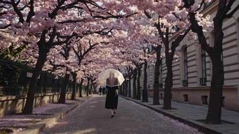 woman walking under cherry blossoms in paris