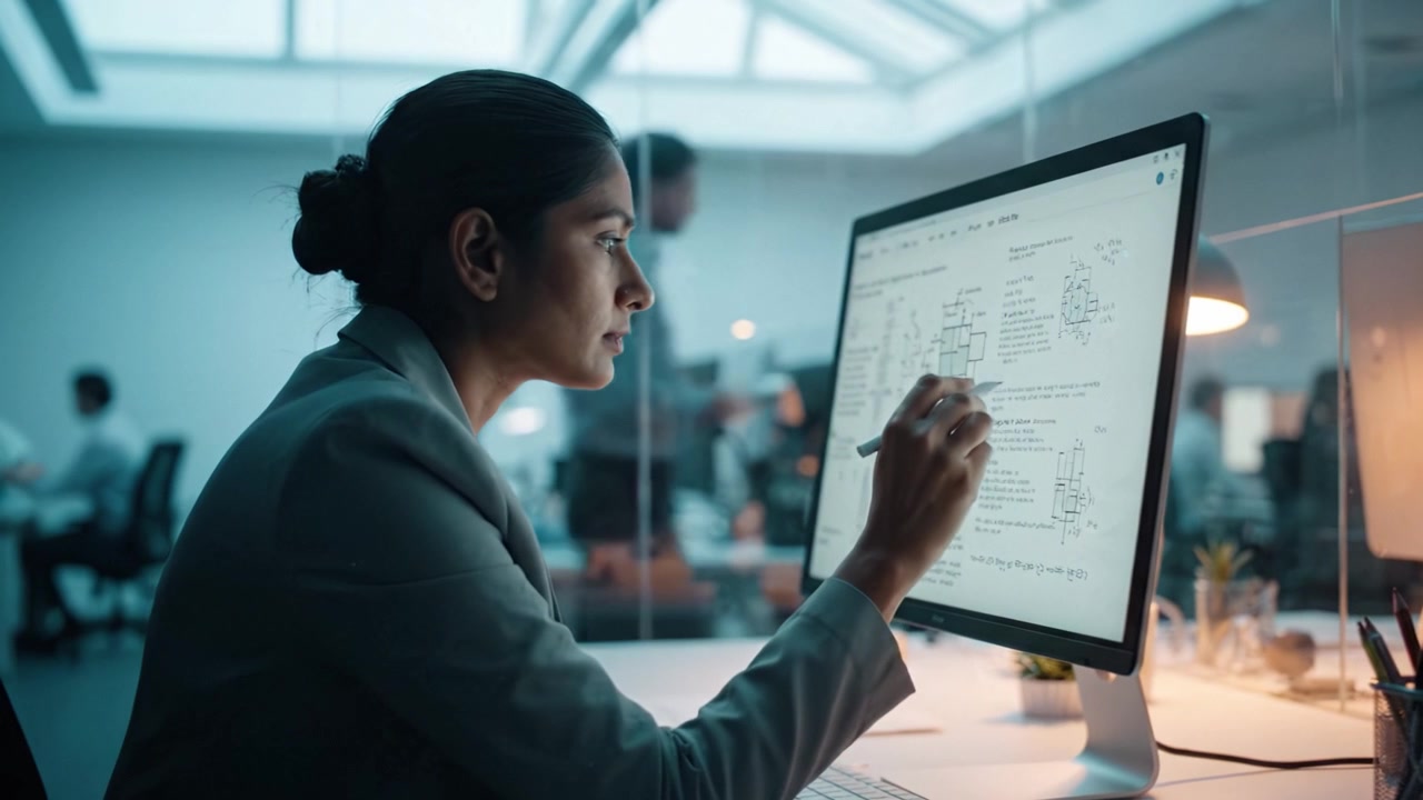 Focused professional examines detailed schematics on a sleek monitor in a modern office environment, showcasing concentration and technical expertise in work.