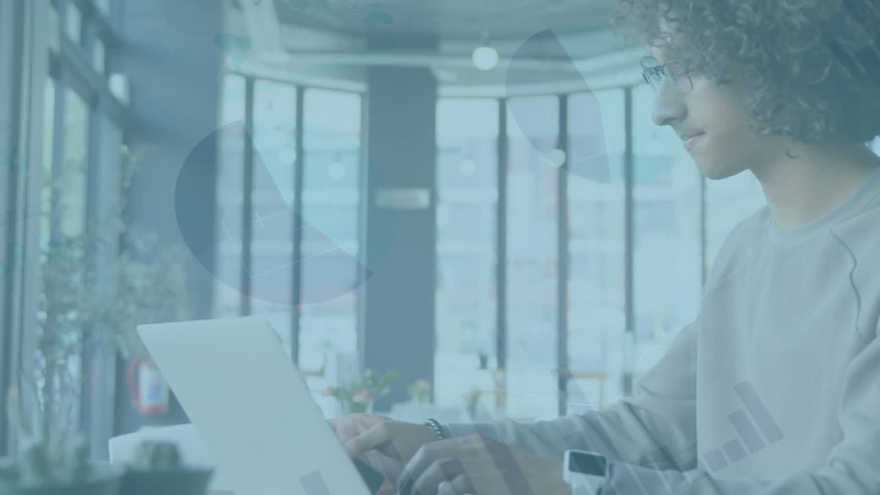 Animation of statistics processing over man using smartphone