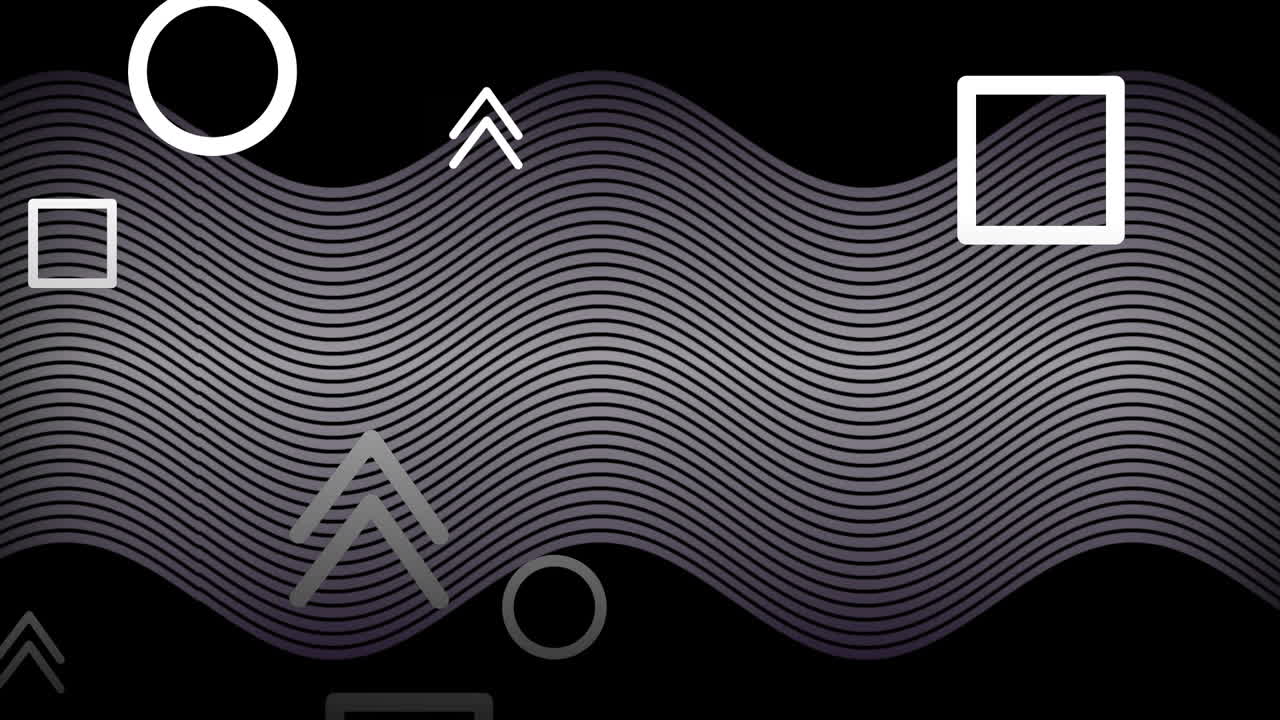 animación de formas de líneas blancas que se elevan, sobre líneas blancas cinéticas onduladas finas que se mueven en negro