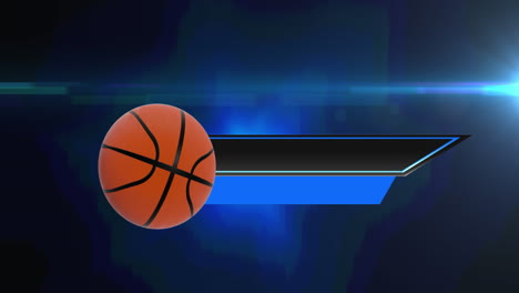 animation of basketball moving with black and blue banners on blue background with pulsing light