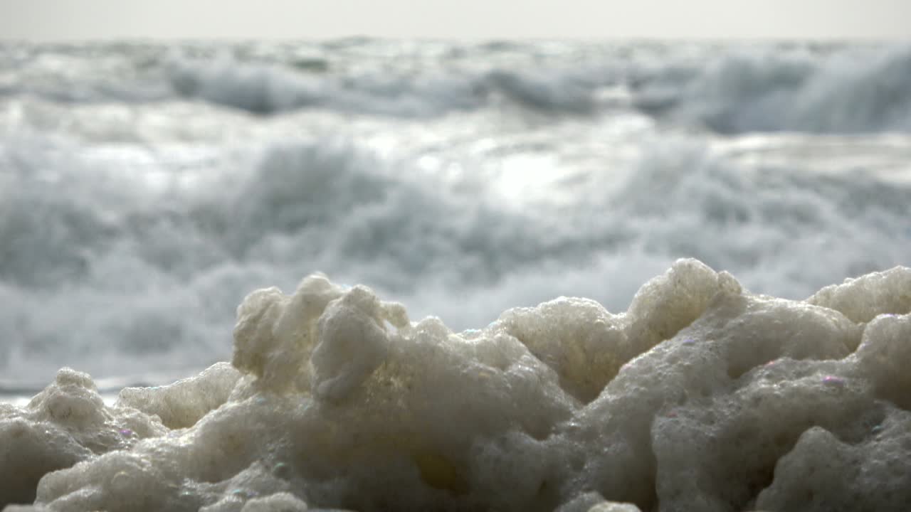 해변에서 폭풍의 해조류 거품, 파도와 함께 모래 해변, 북해, jütland, sondervig, 덴마크, 4k