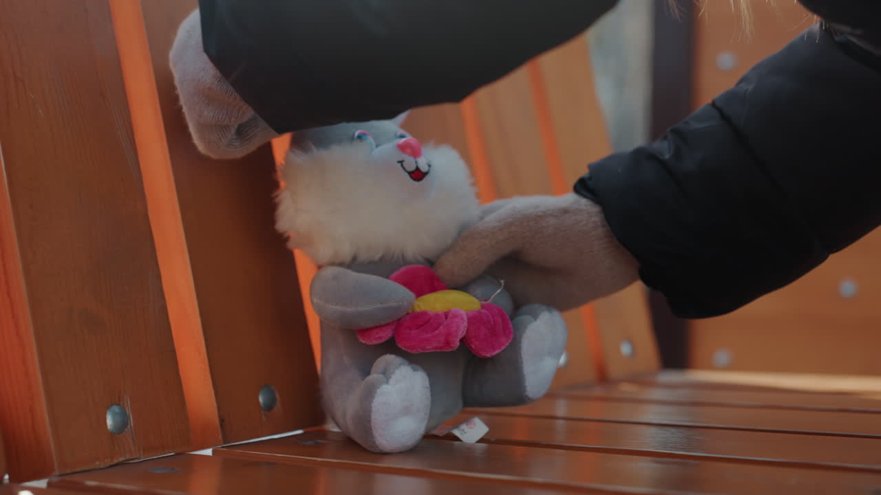 På en parkbænk med en plys-kanin; en handske-klædt hånd placerer forsigtigt legetøjet mod trælamellerne en kold morgen; nærbillede af stoffet og syningerne; en stille bypark-scene; et ømt øjeblik, der antyder en opdagelse.