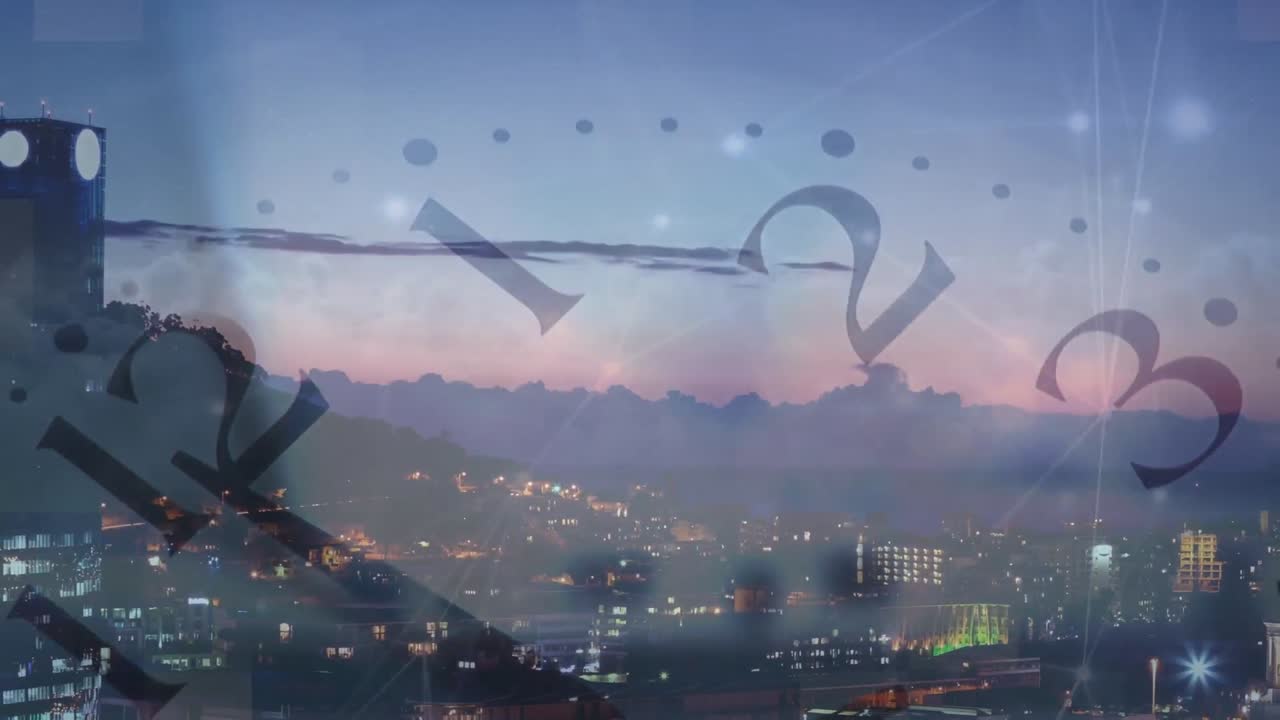 도시 풍경 위의 시계와 연결 네트워크의 애니메이션