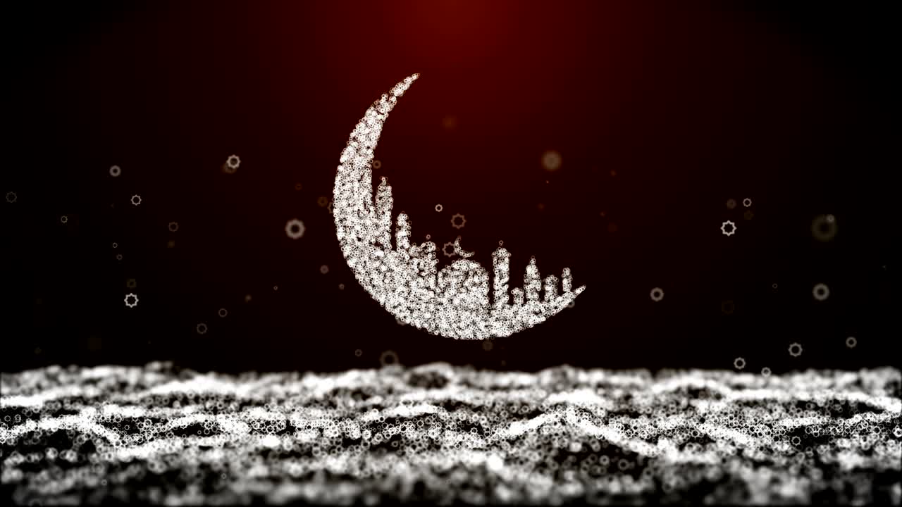 Animation, motion abstract background, Moon Mosque Sighting Announcement Ramadan kareem Mubarak spin with orange Background.