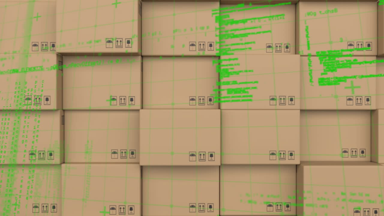 animación del procesamiento de datos sobre una pila de cajas de cartón