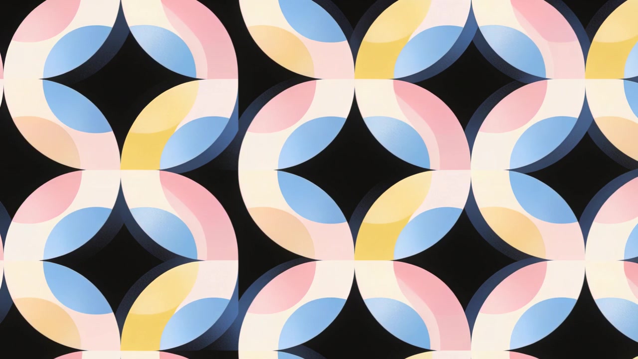 Loop starting, petal arcs shifting and rotating on black field, forming pastel bands and dark stars