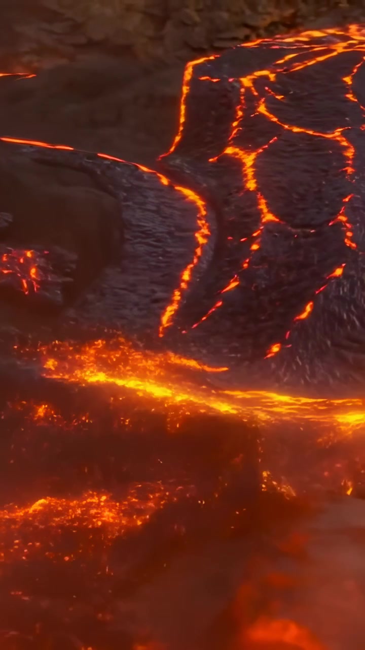 Video verticale: Lava fusa spinta dal calore che scorre lungo il fianco del vulcano, creando venature incandescenti e vapore.