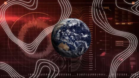 Animation-of-globe-rotating-over-interface-with-data-processing-and-topographical-chart