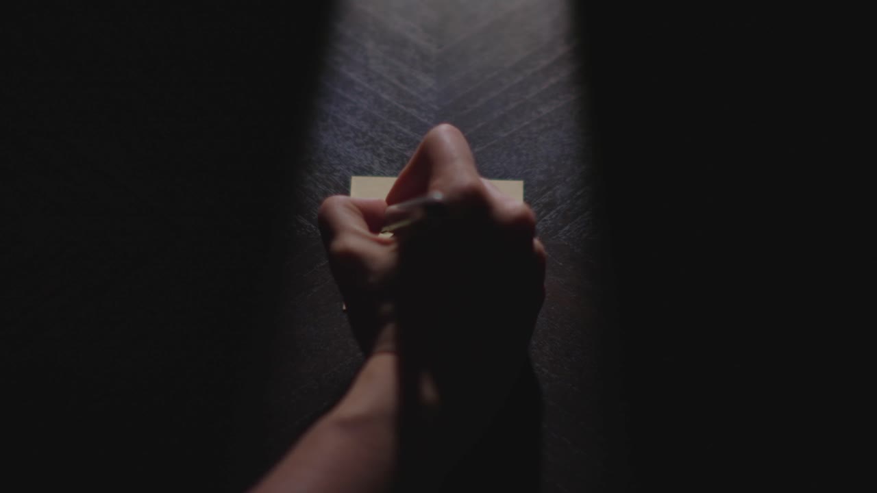 Slow motion close up footage of a hand writing out "Milk" on a paper note and placing it on a table. Shot in dramatic lighting for an impressive title or transition