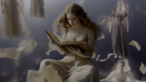 a woman reading a book in a dreamy, ethereal setting