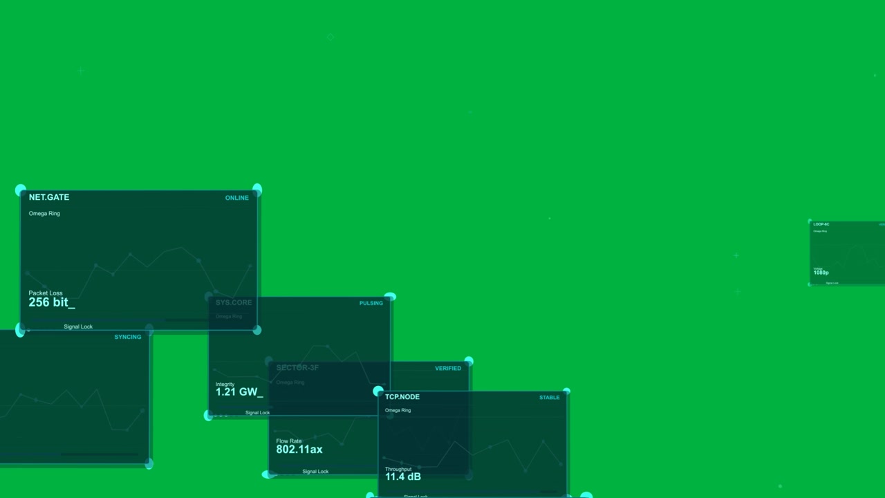 Su dati pulsanti, pannelli HUD color verde acqua che scorrono, formando una diagonale, mostrando statistiche di monitoraggio su sfondo trasparente.