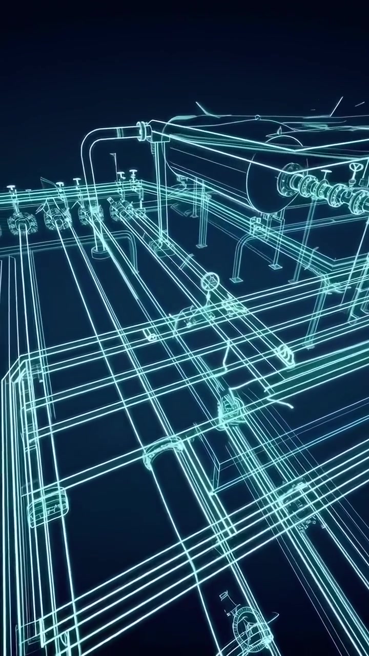 Animated Wireframe Blueprint of an Industrial Piping System