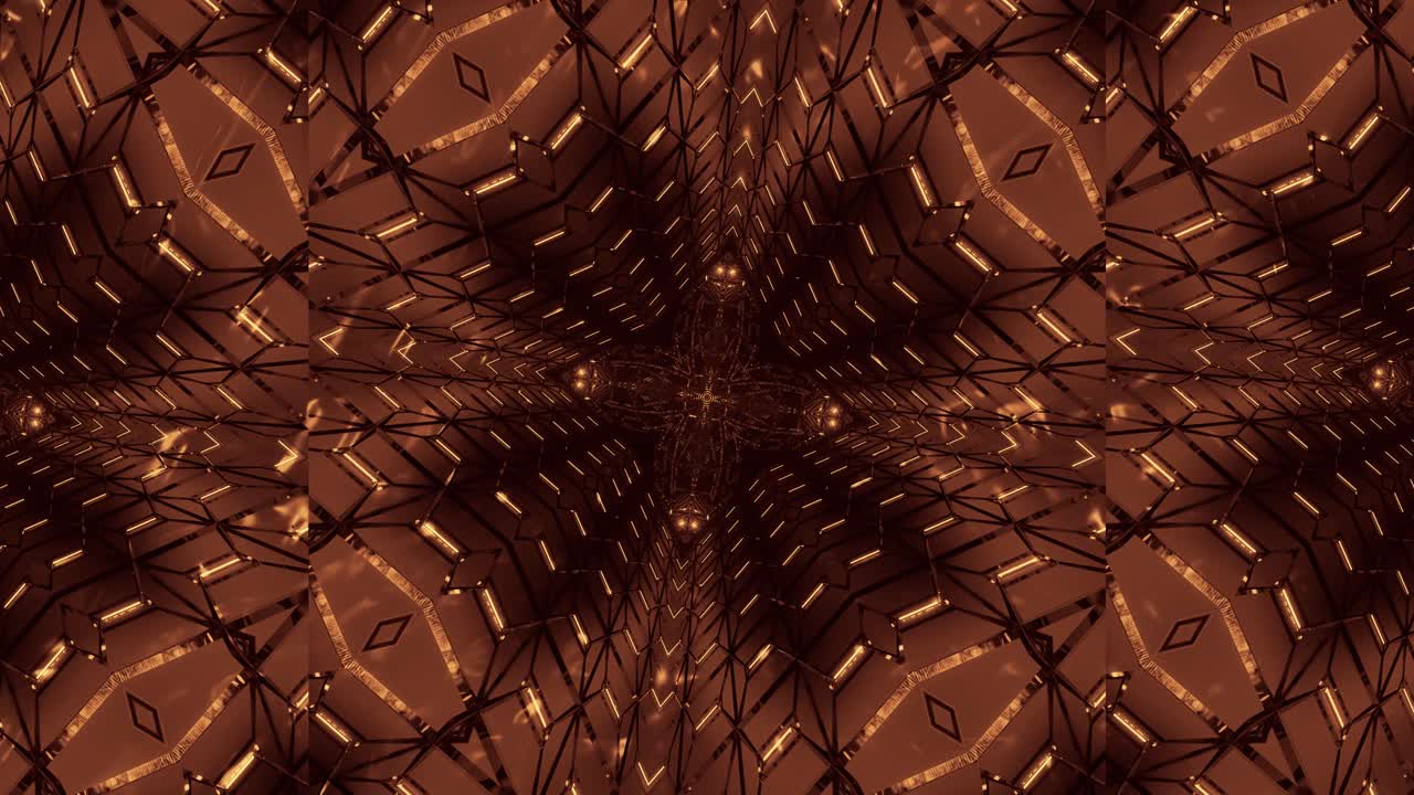 Movimento caleidoscopico dorato e brillante con struttura cristallina, animazione 3D renderizzata in CGI ripetibile