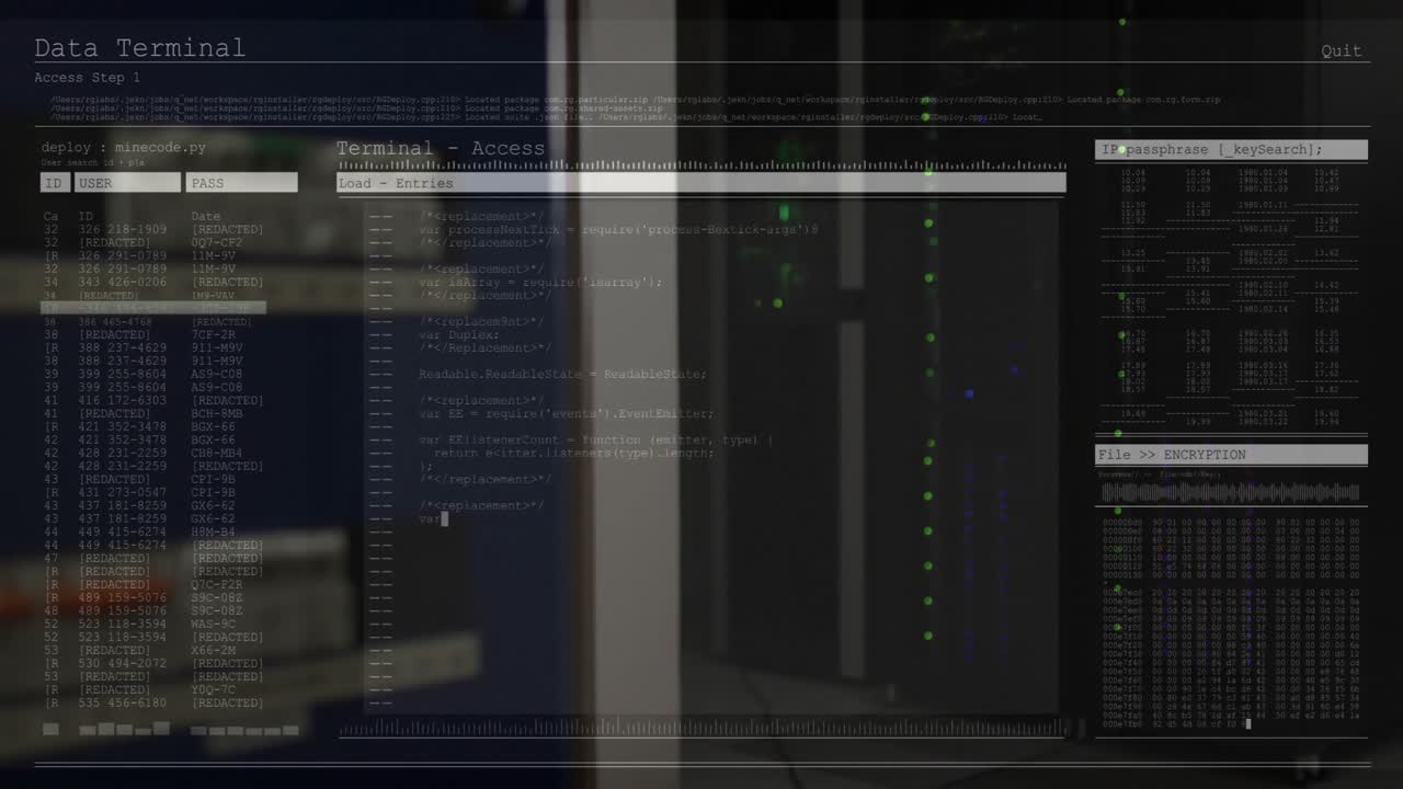 Fading in Data Terminal running deploy command, loading files, visualizing live extraction