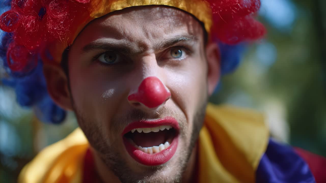 Dramatic Expressions of an Emotional Clown Captured in a Vivid Outdoor Setting, Highlighting the Contrast of Joy and Sadness Through Bold Makeup and Colorful Attire