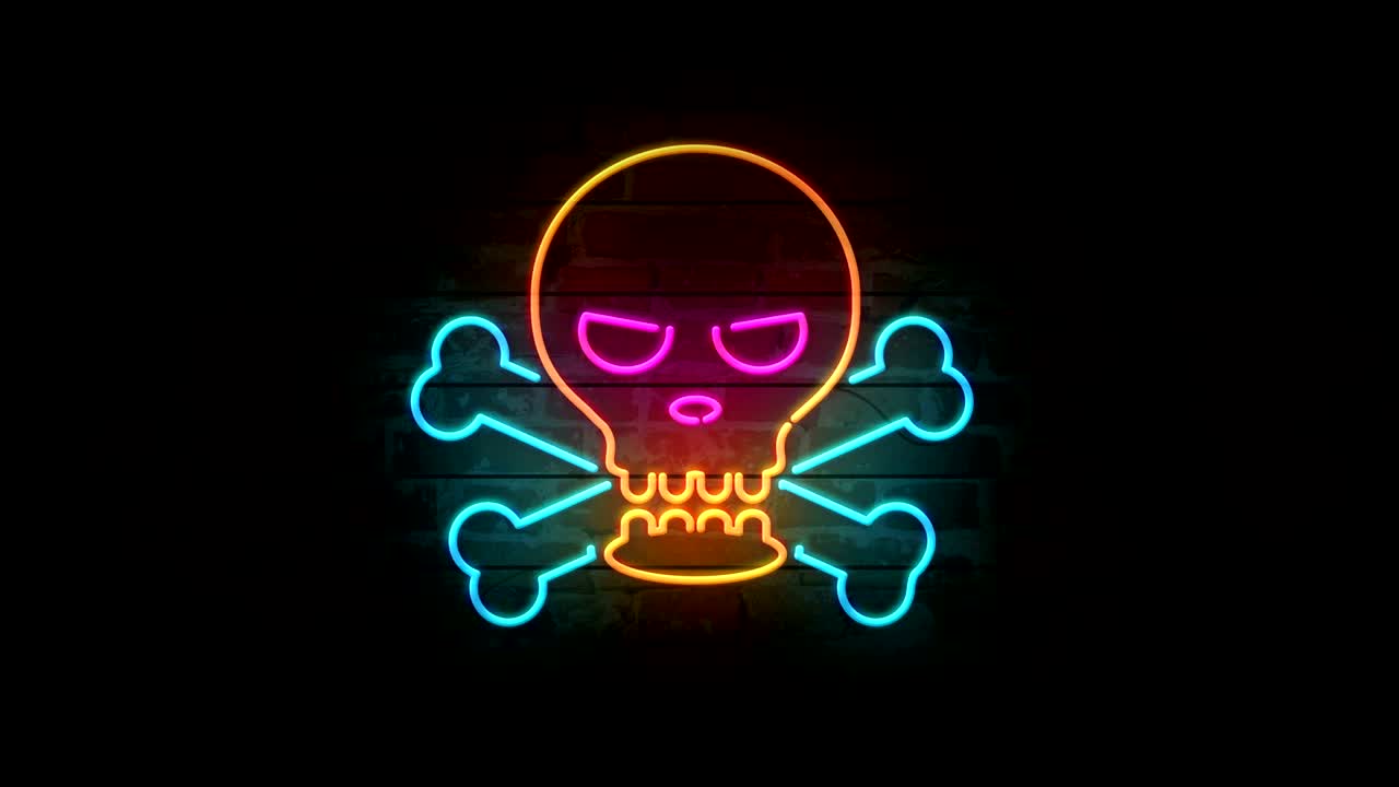 Icona teschio al neon su muro di mattoni
