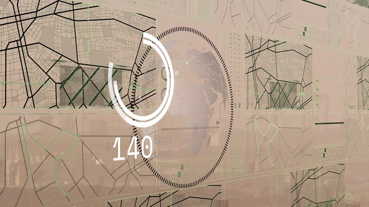 지구를 원으로 애니메이션, 로딩 원, 도시 위의 내비게이션 패턴과 함께 번호를 변경