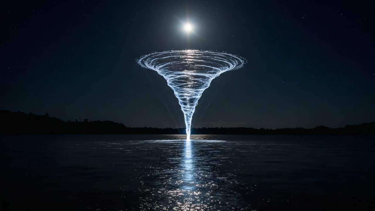 A Stunning Visual of a Mesmerizing Water Tornado Illuminated by the Moonlight, Creating an Enchanting Scene Over a Calm Reflective Surface at Night