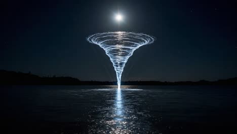 a stunning visual of a mesmerizing water tornado illuminated by the moonlight, creating an enchanting scene over a calm reflective surface at night