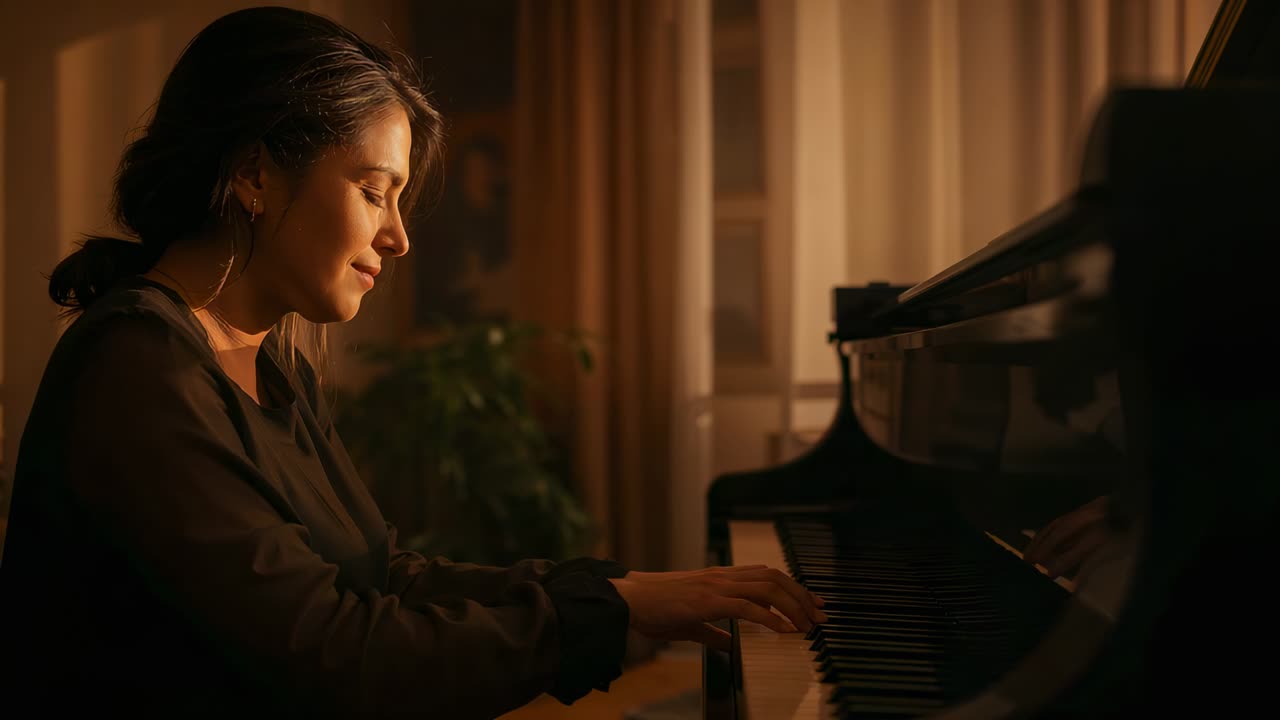 Inquadratura iniziale sulle mani sulla tastiera, pianista in camicetta scura a maniche lunghe che suona il pianoforte a coda a casa, fraseggio