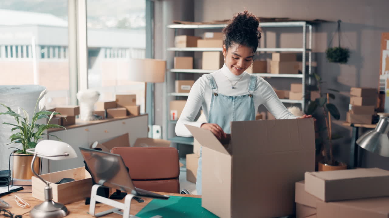 Woman Packaging Boxes in Home Office for Small Business