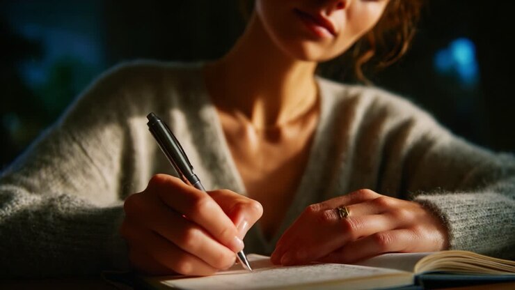 A focused moment of creativity captured in a serene setting, showcasing a woman deeply engaged in the art of writing, illustrating the beauty of self-expression through handwritten notes and reflections