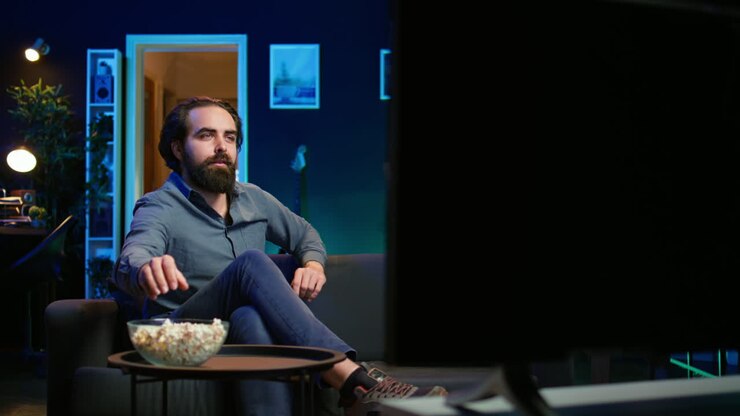 Uomo a casa che guarda un film interessante in TV