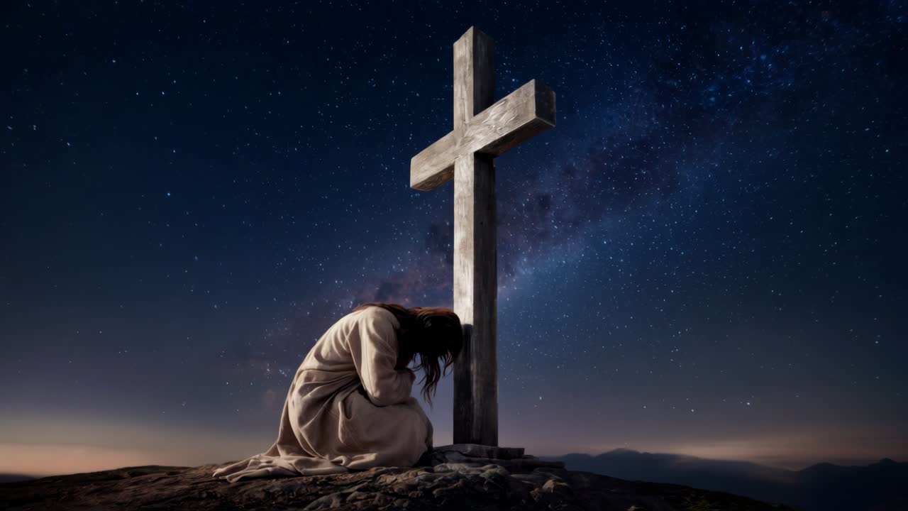 거대하고 별이 가득한 밤하늘 아래의 십자가에서 영적인 성찰에 참여하는 것.