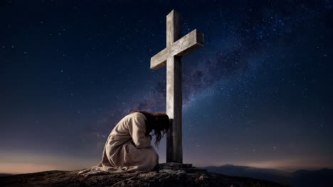participando en la reflexión espiritual en la cruz bajo el vasto y estrellado cielo nocturno