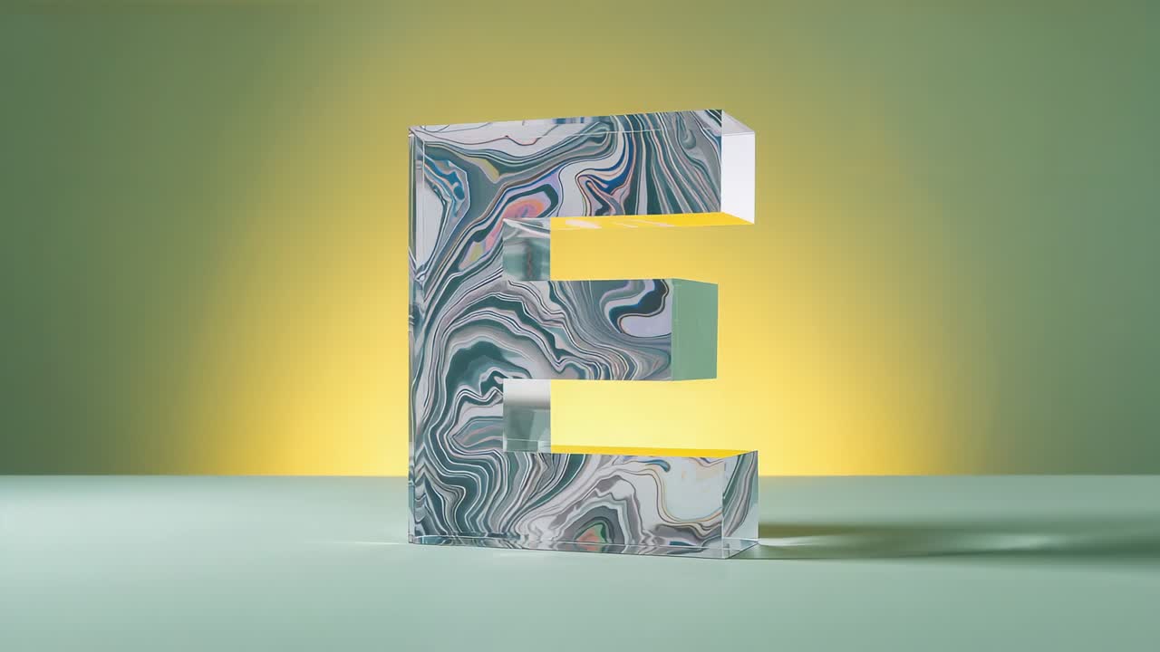 Rising backlight revealing letter E glowing on mint-green tabletop, marble pattern deepening
