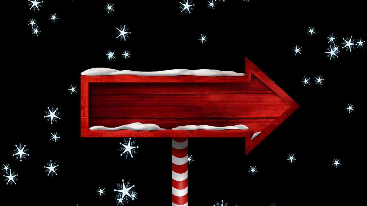 Animation of wooden sign with copy space over snow falling