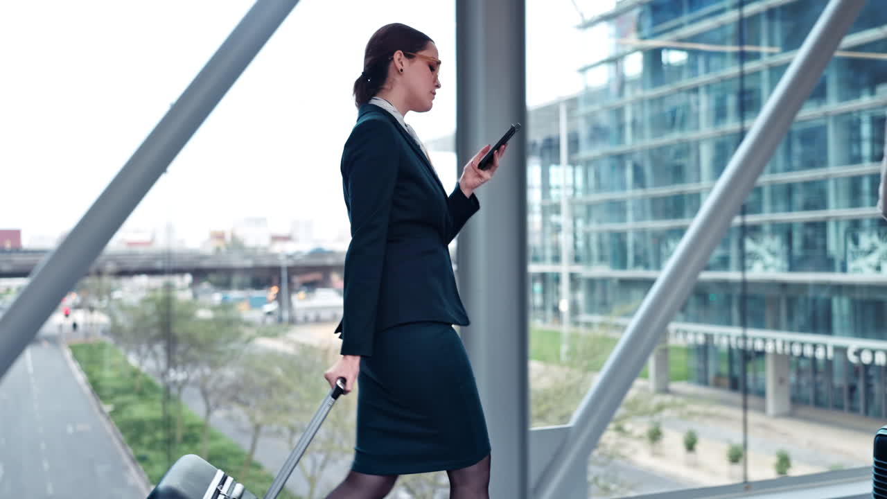 Walking, airport or businesswoman with phone