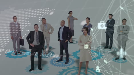 animation of network of connections with icons over diverse business people