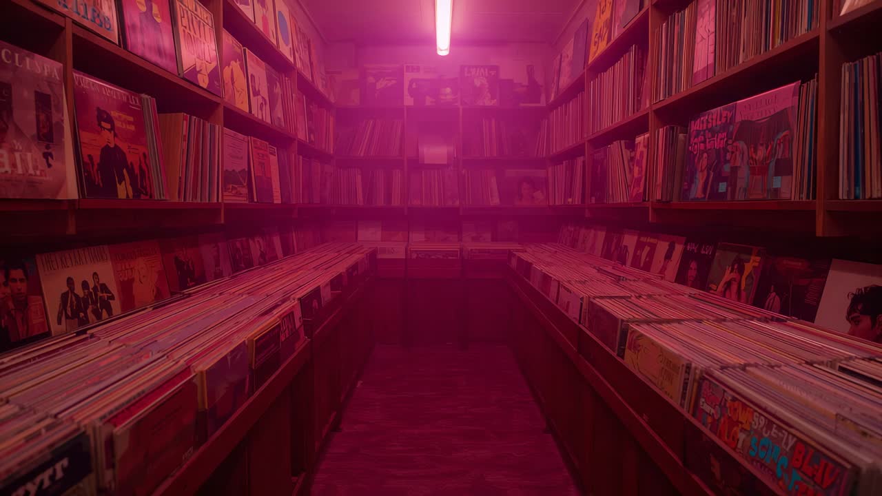 Lâmpada fluorescente piscando e lançando uma névoa rosa e roxa sobre a seção de discos, com caixas de madeira e vinil