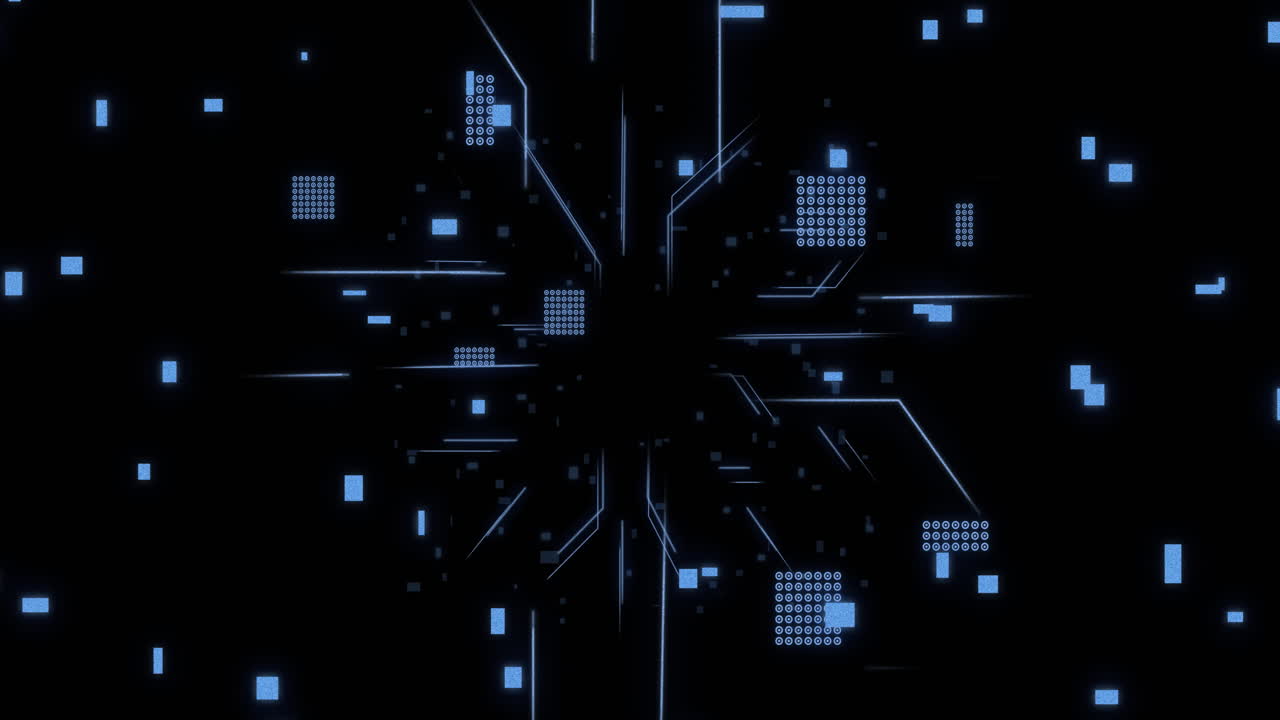 Animation of circuit board with data processing over black background