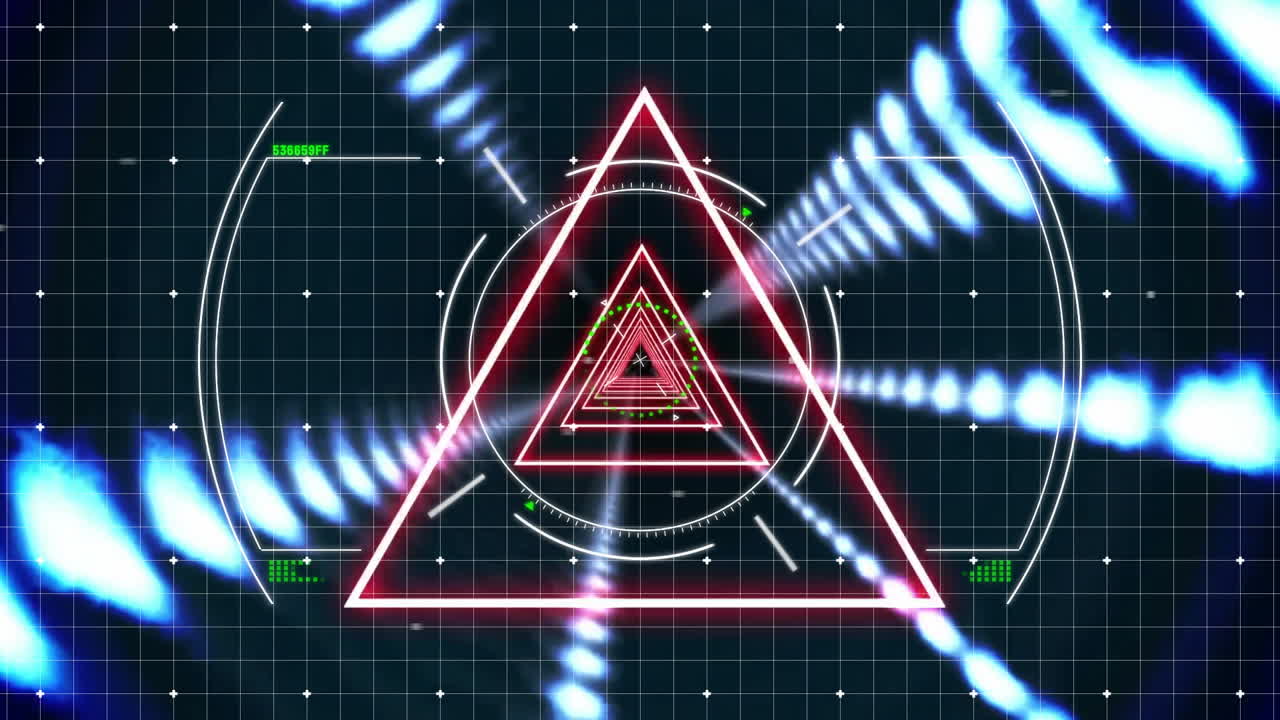 Geometric shapes and glowing lines forming tunnel animation over grid background