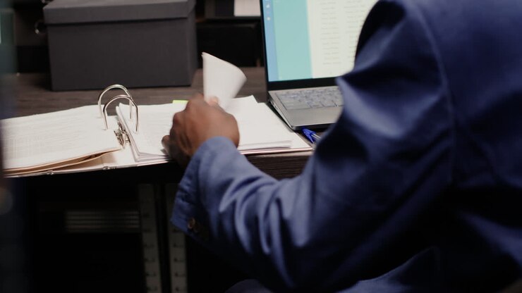 Man working on laptop and reviewing documents