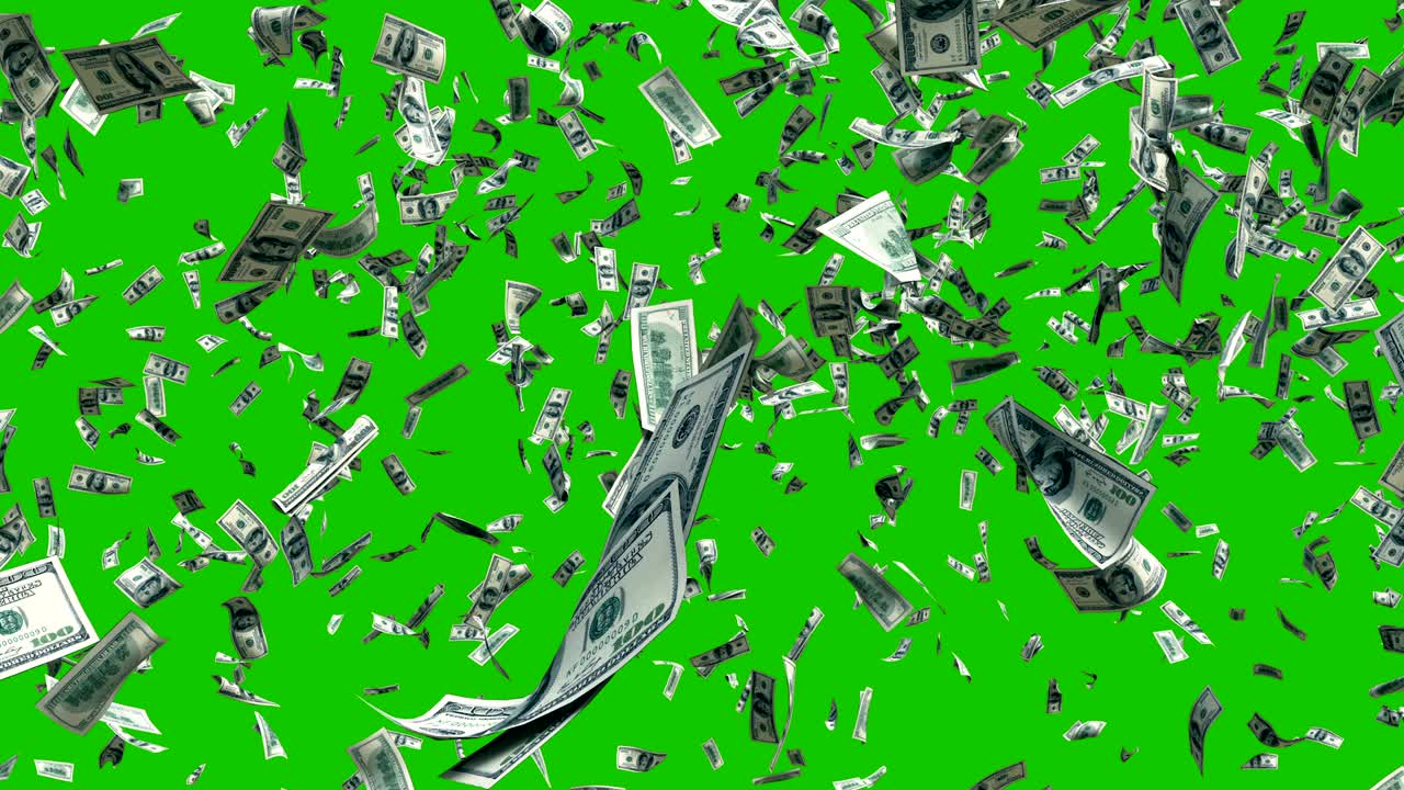 초록색 화면 앞에서 빠른 움직임으로 날아다니는 달러 지폐: 바람에 달러 지폐를 가진 디지털 애니메이션 배경, 크로마 키 4k 컴포지팅
