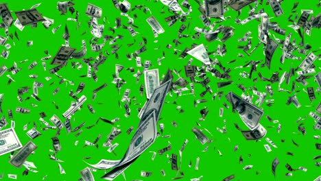 flying dollar bills in fast motion in front of a green screen. digital animated background with dollar bills in the wind. chroma key 4k compositing.