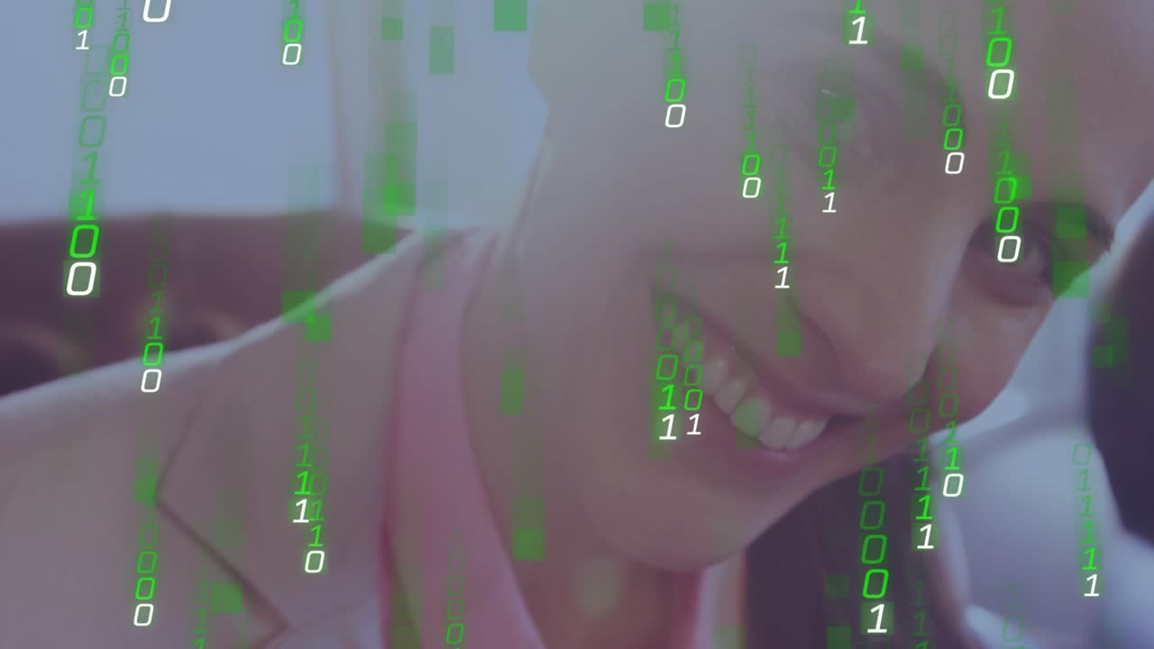 Tech professional writing notes in office lounge causing green binary stream and verifying data