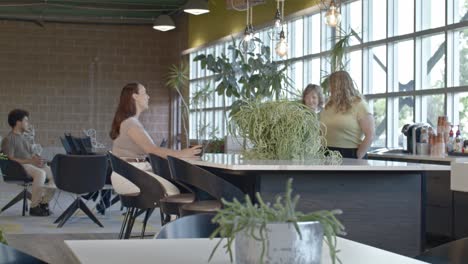 office setting with four younger workers and one senior citizen woman walking in with dolly video right to left